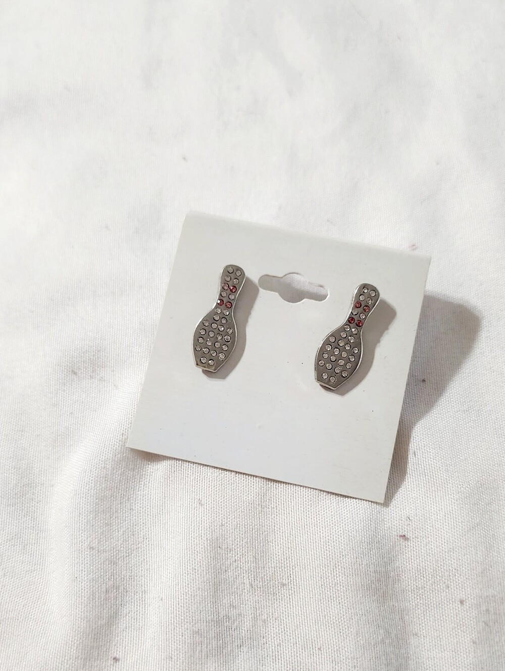 Source Unknown Silver Bowling Pin Stud Earrings with Red Accents